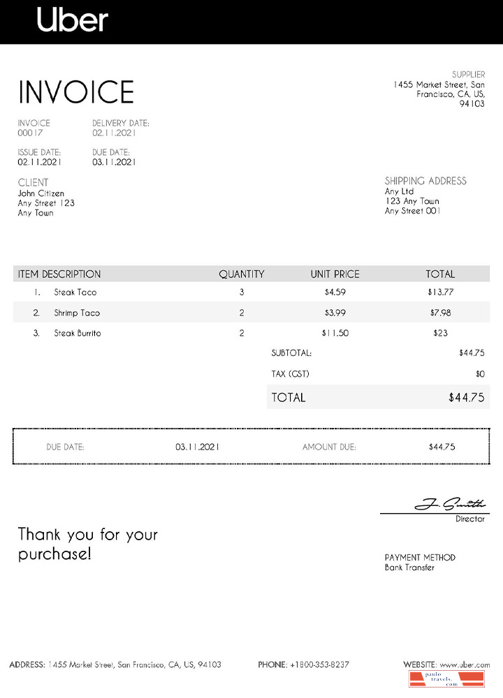 USA Uber invoice template PSD template